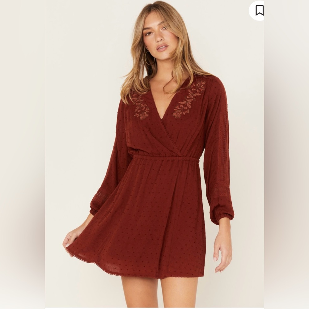 Idyllwind Rust Red Dress with Floral Embroidery